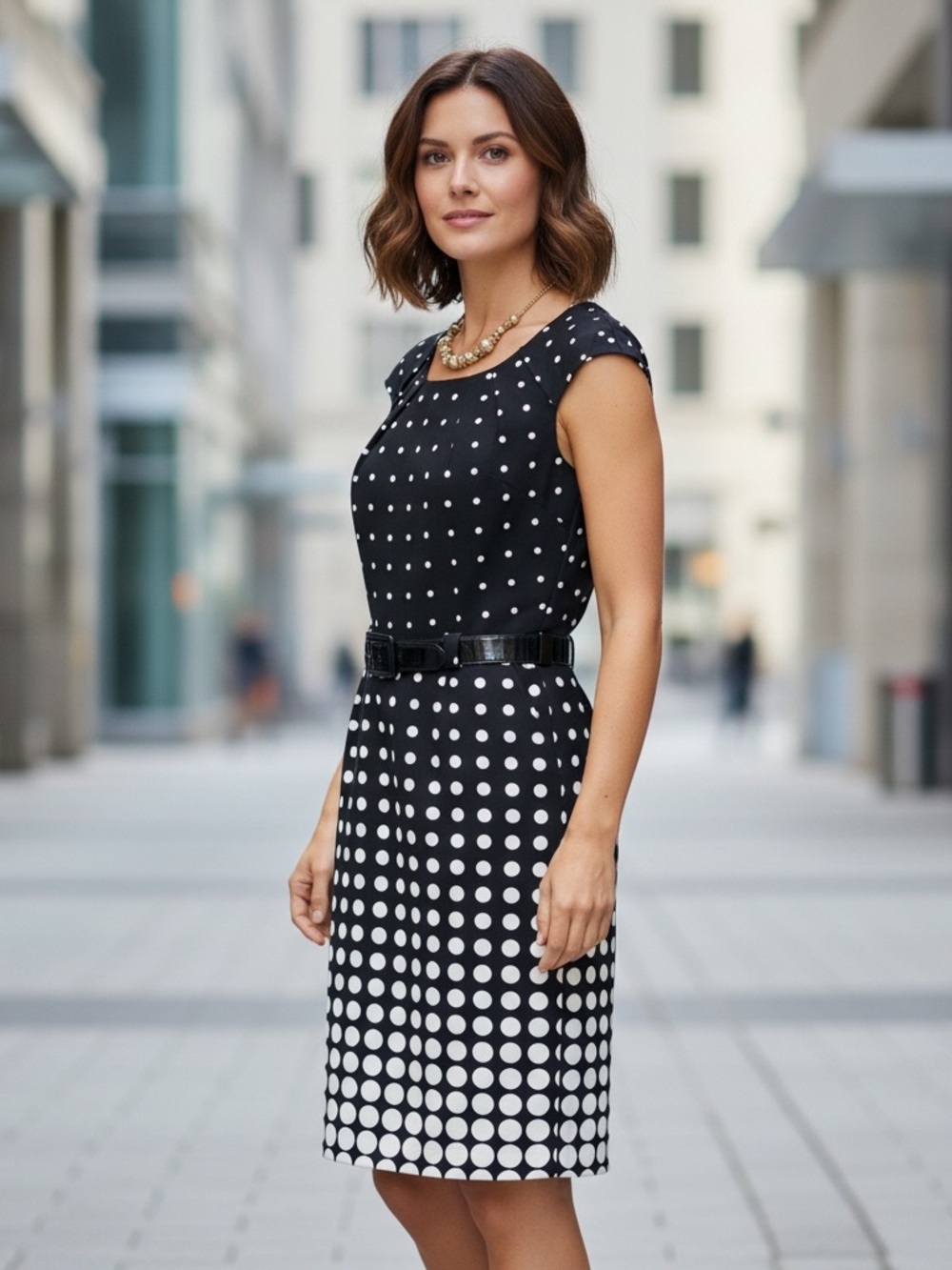 Black and White Polka Dot Midi Sheath Dress with Belt